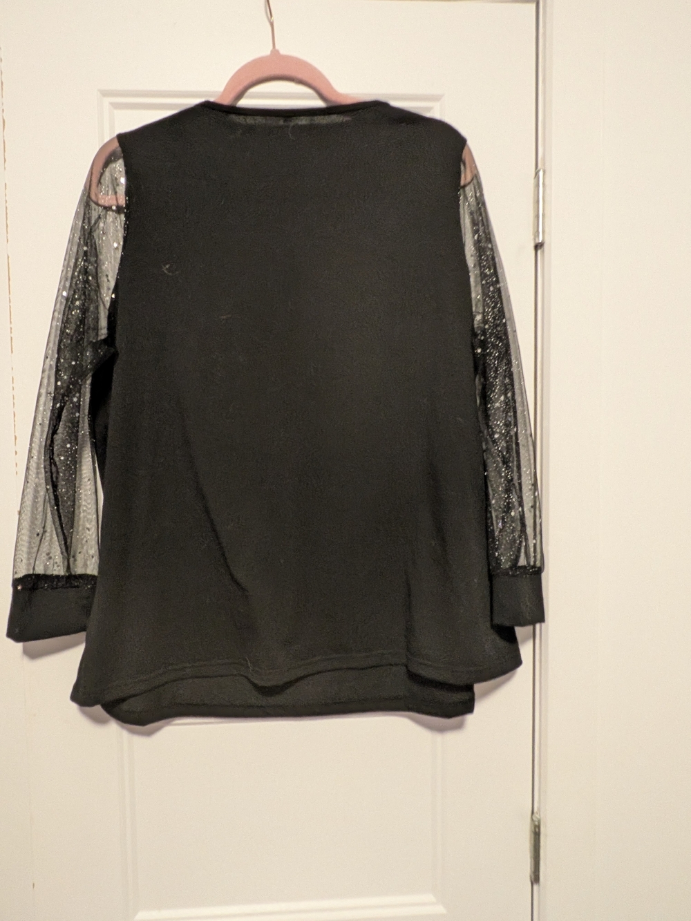 Black Women's Long Sleeve Top with Sheer Sparkle Star Sleeves